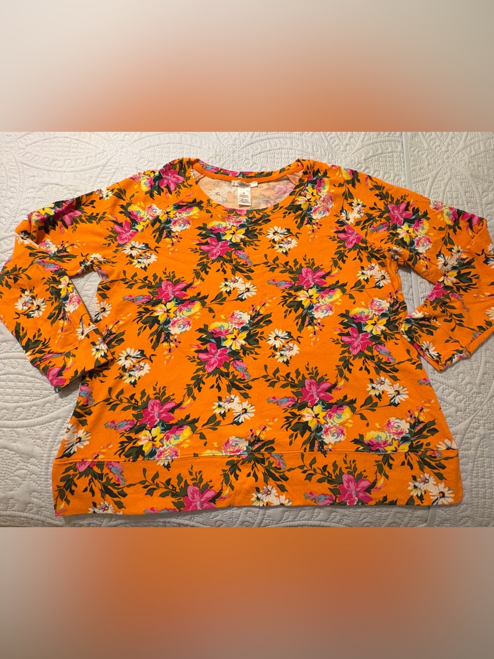K Jordan Orange Floral Sweatshirt with Pink & White Blooms